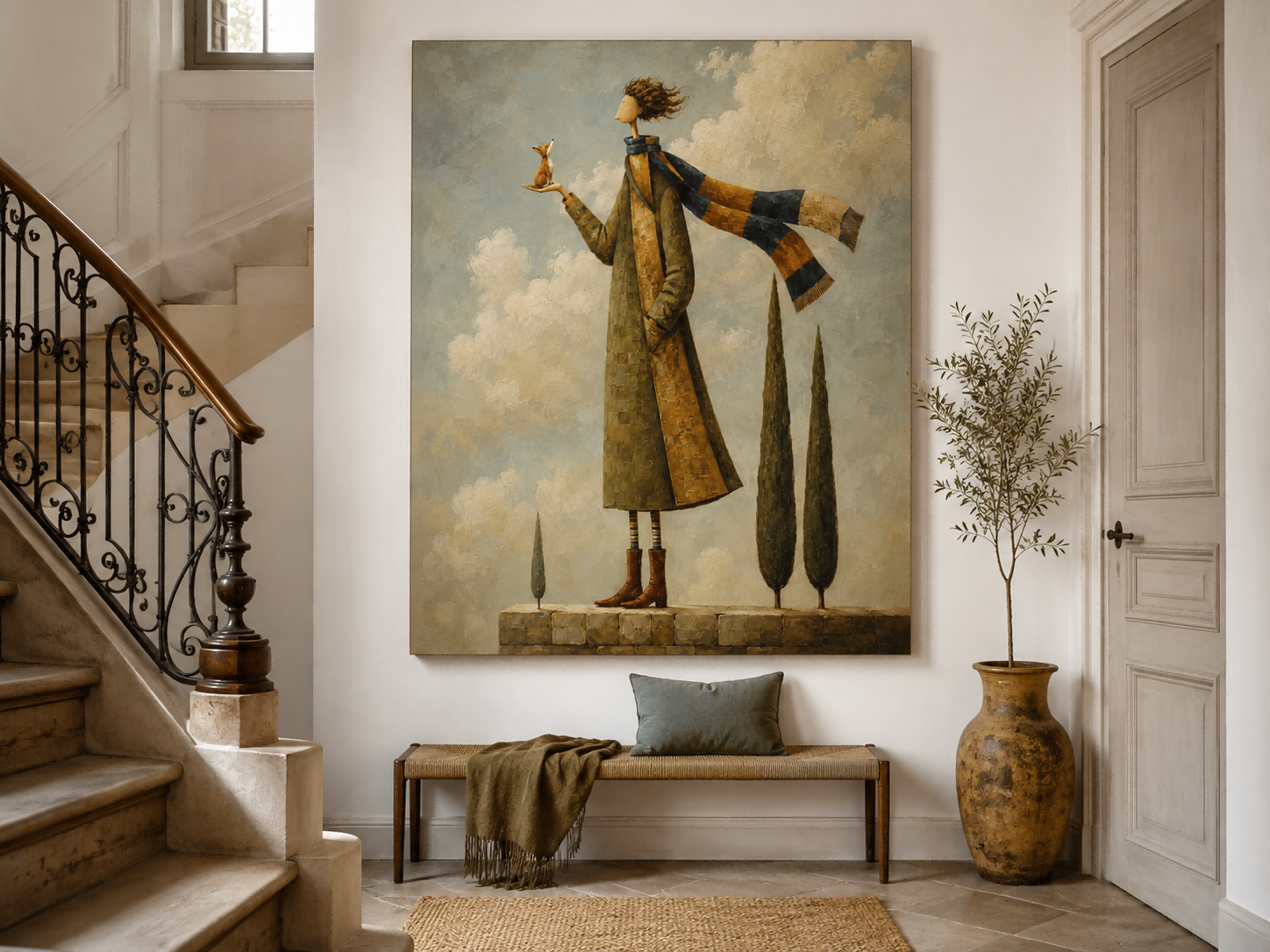 Modern Surrealist Canvas Painting Abstract Figure Art With Impasto Texture And Fox