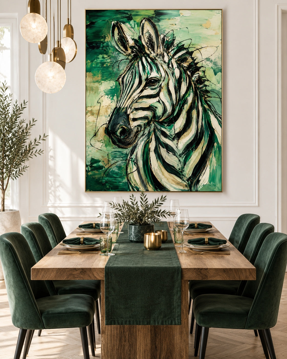 Graffiti Style Zebra Art Modern Abstract Canvas Painting Green And Gold Textured Wall Decor