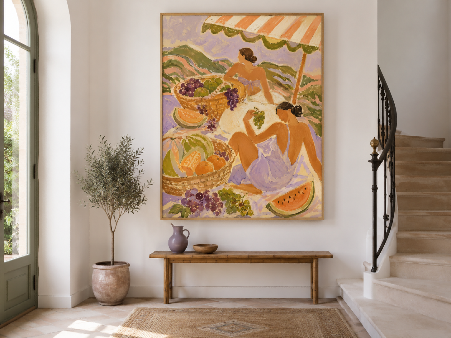 Fantasy Style Lavender And Orange Abstract Figure Oil Painting On Canvas Art Deco Women With Fruit Basket Hand-Painted Canvas Wall Art