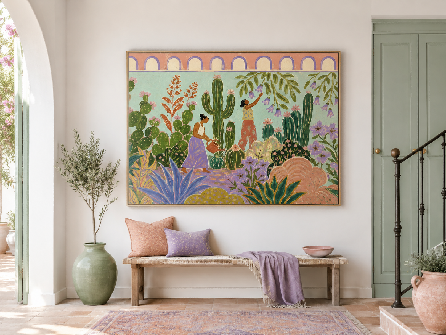 Fantasy Garden With Women Watering Cacti Hand-Painted Canvas Art Colorful Botanical Wall Art For Living Room And Sunroom Decor