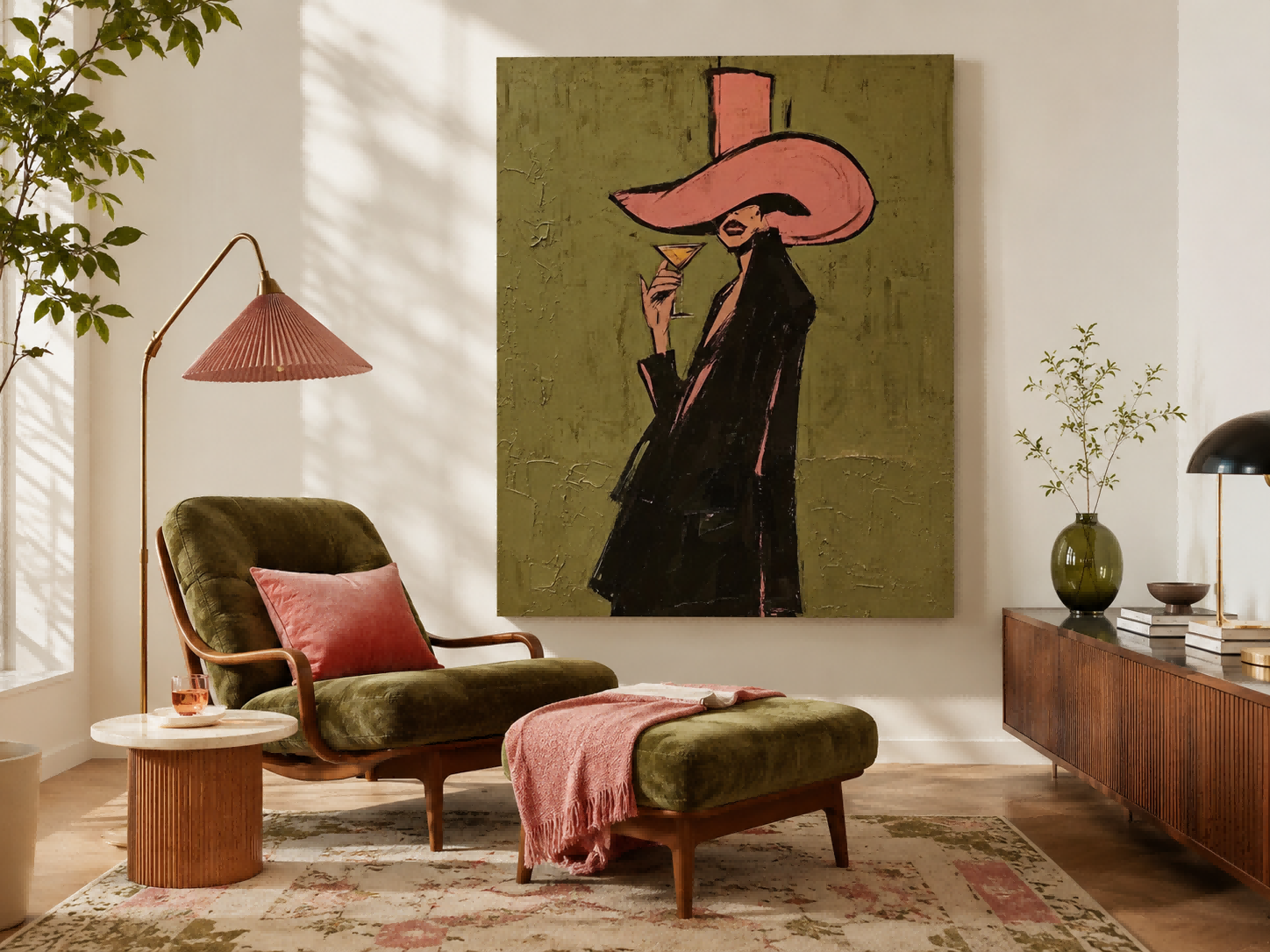 Chic Lounge Wall Art Featuring Elegant Lady Holding Cocktail Glass In Modern Retro Style