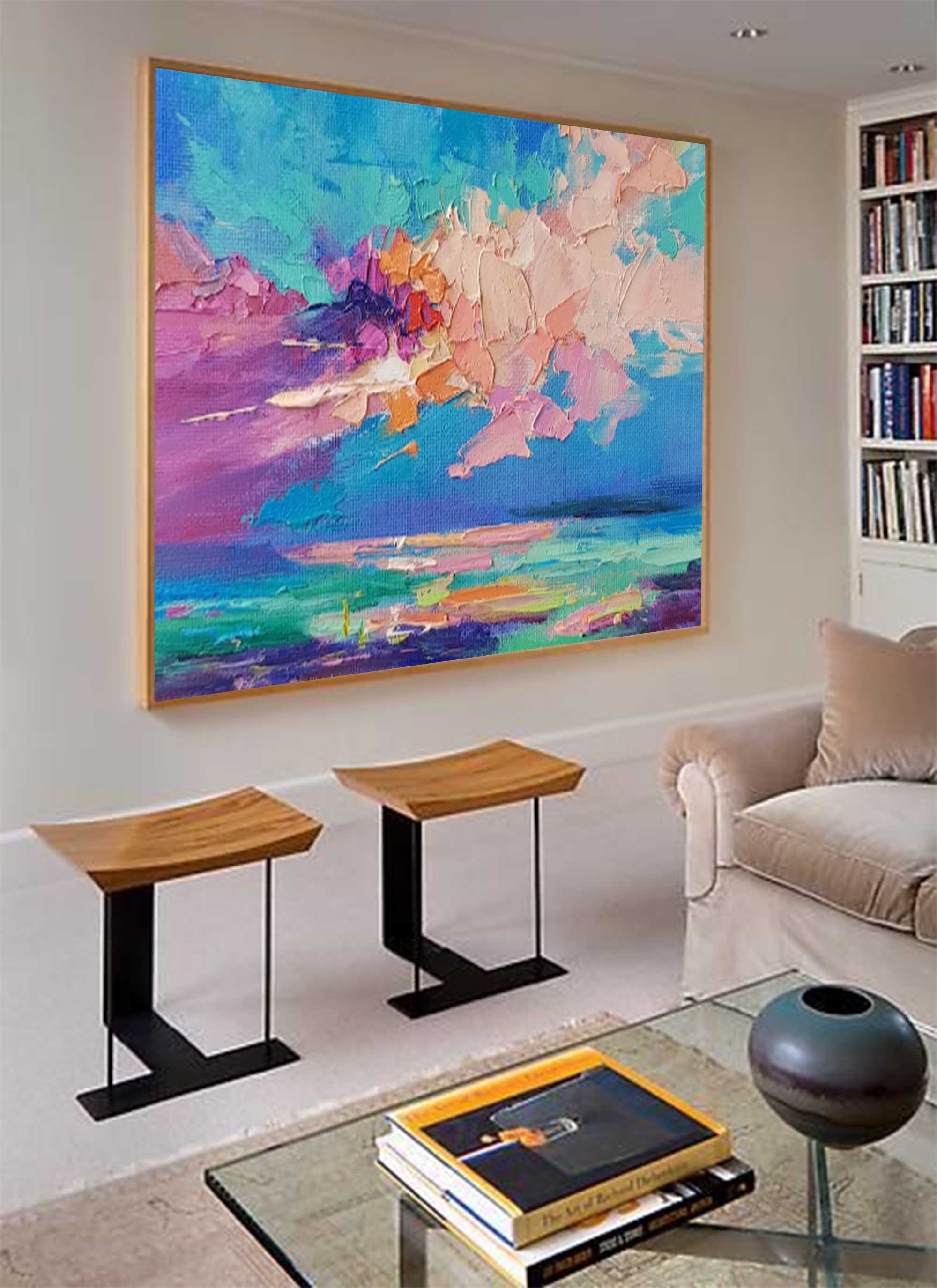 Colorful Sunset Oil Painting Original Wall Art Abstract Landscape Painting Living Room Decor