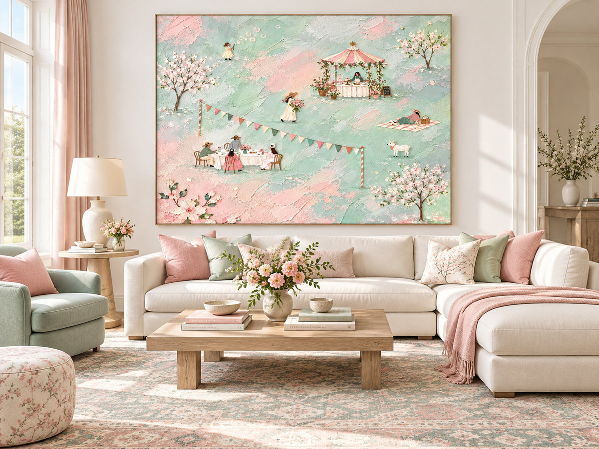 Spring Picnic Scene Hand-Painted Canvas Art With Floral Garden