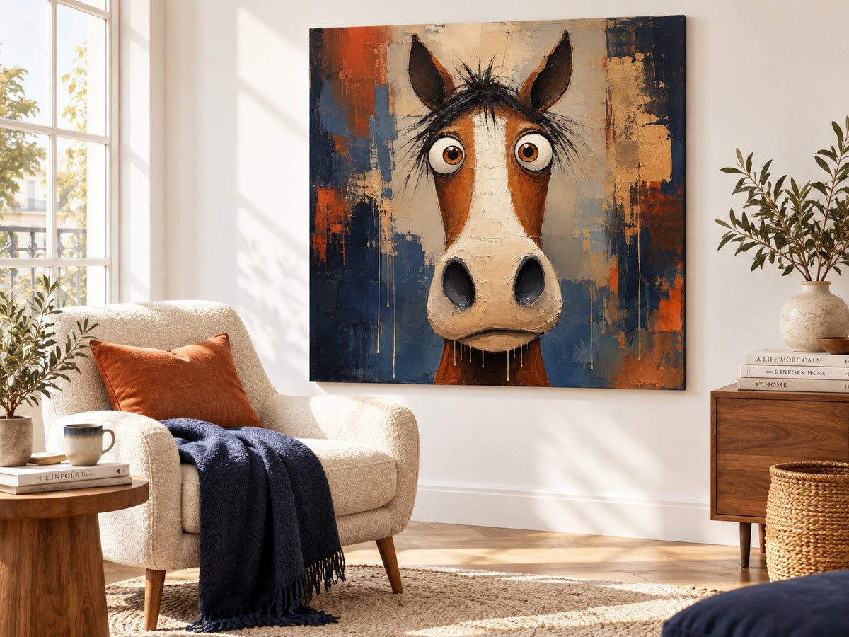 Abstract Pop Art Horse Painting With Textured Orange And Blue Tones