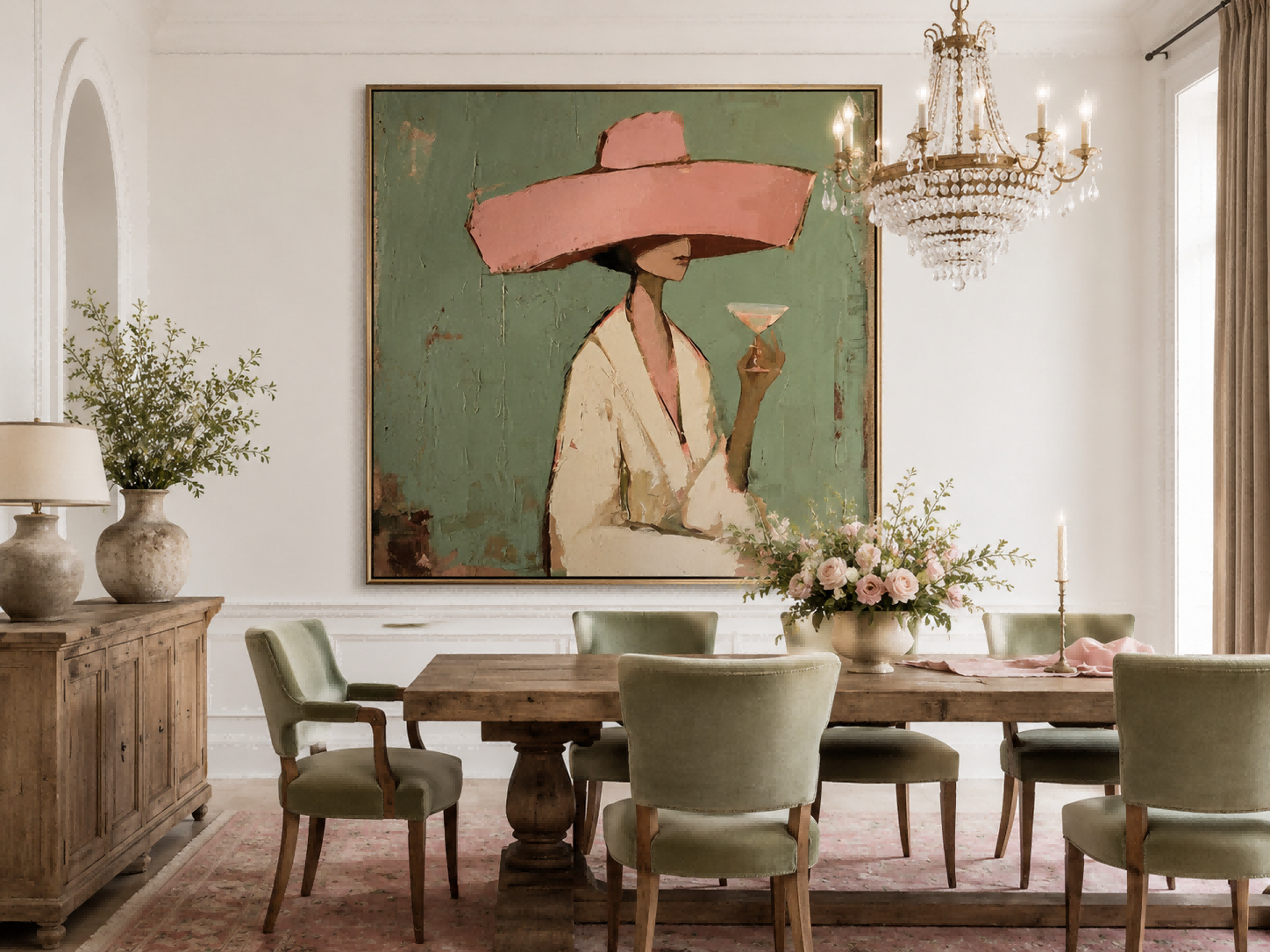 Vintage Minimalist Woman Painting With Pink Hat Green Background For Living Room Decor
