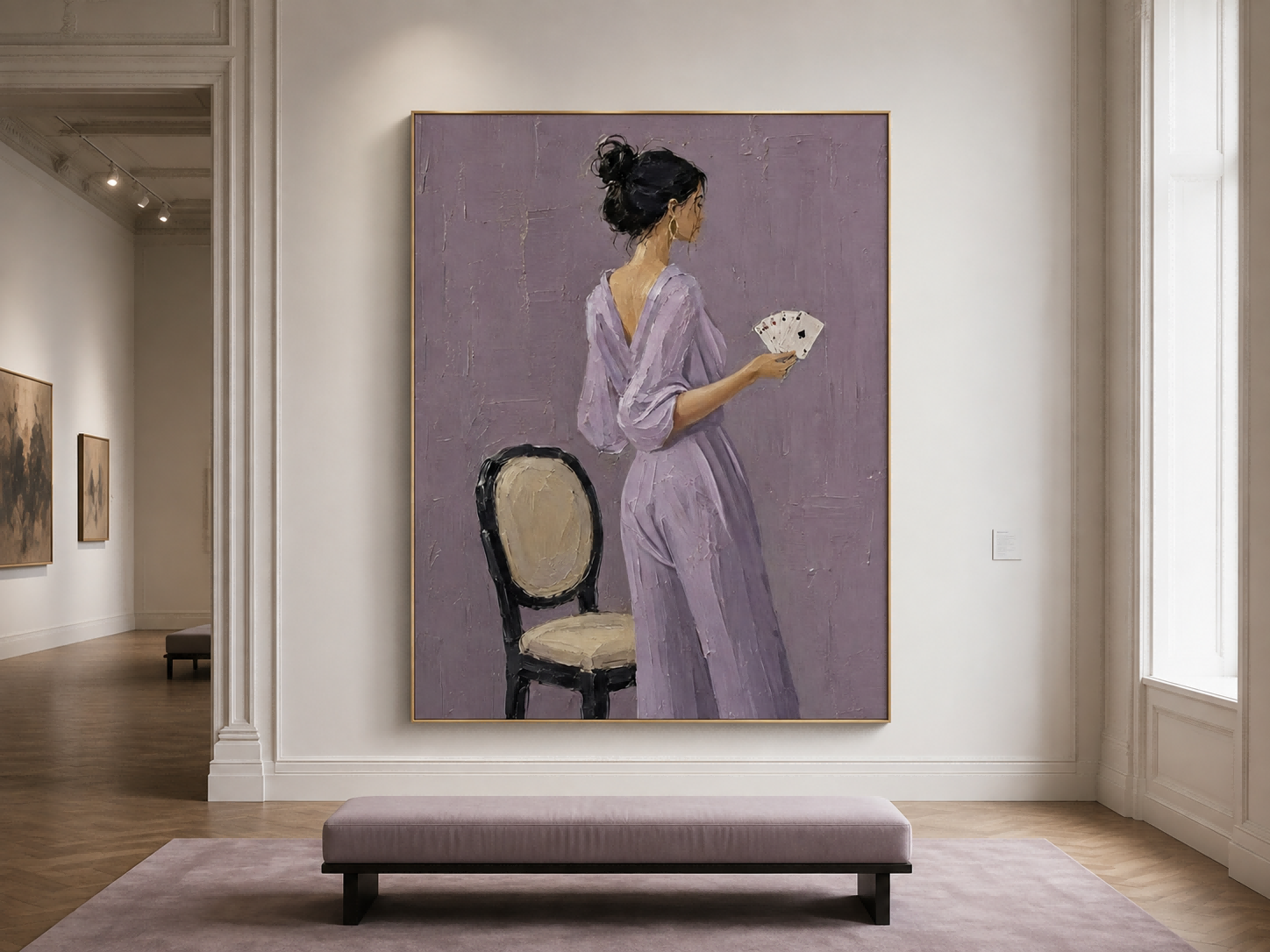 Modern Impasto Oil Painting Of Woman In Purple Jumpsuit With Playing Cards For Living Room