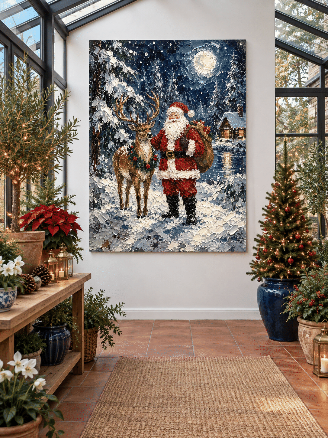 Santa And Reindeer Hand-Painted Canvas Art With Snowy Night Scene