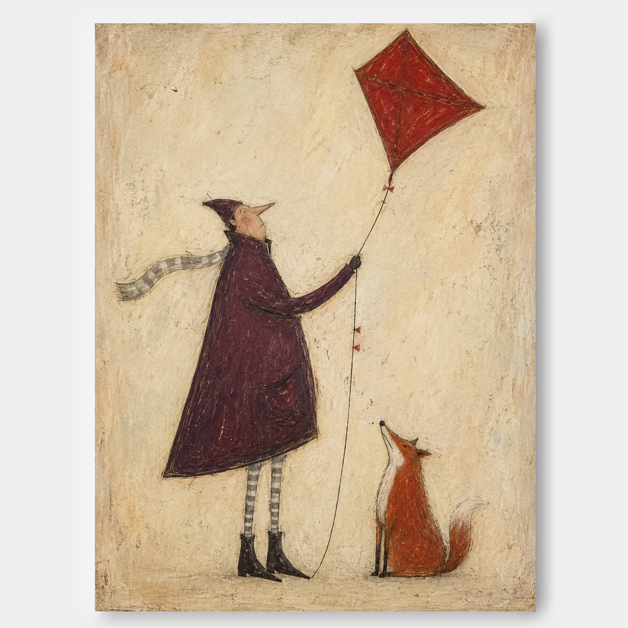 Whimsical Vintage Illustration Hand-Painted Canvas Art With Fox And Kite