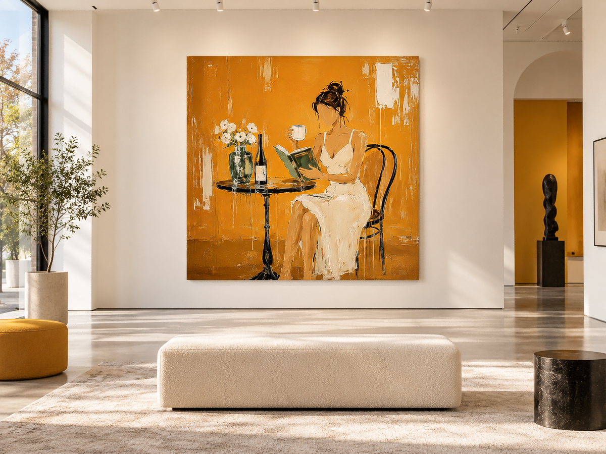 Textured Abstract Expressionist Oil Painting Minimalist Figure In Golden Light
