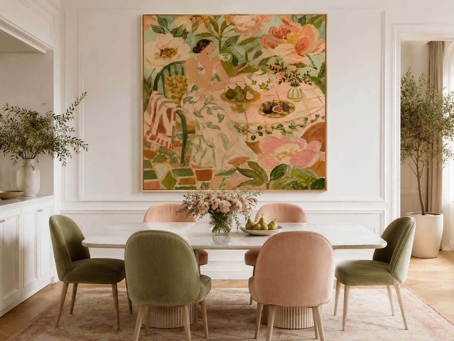 Whimsical Art Deco Style Oil Painting Of Lady In Garden Setting