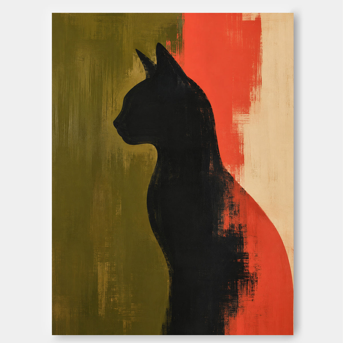 Abstract Geometric Cat Painting Modern Textured Canvas Art In Warm Colors
