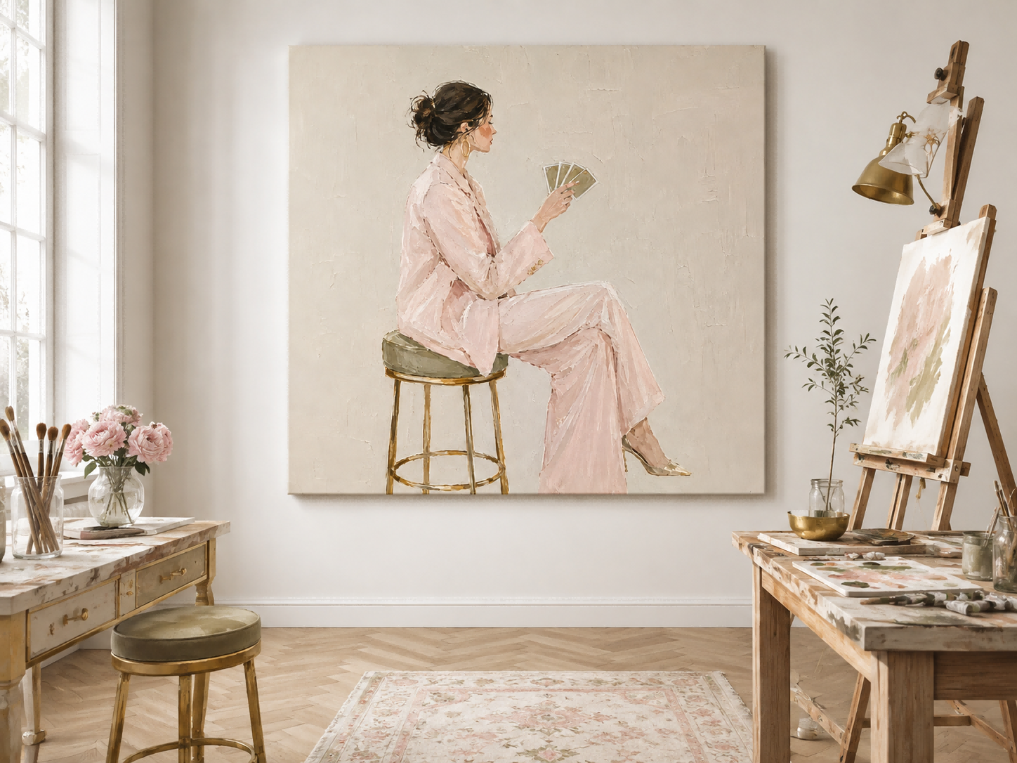 Chic Feminine Portrait Oil Painting Gold Stool Minimalist Art For Lounge Areas