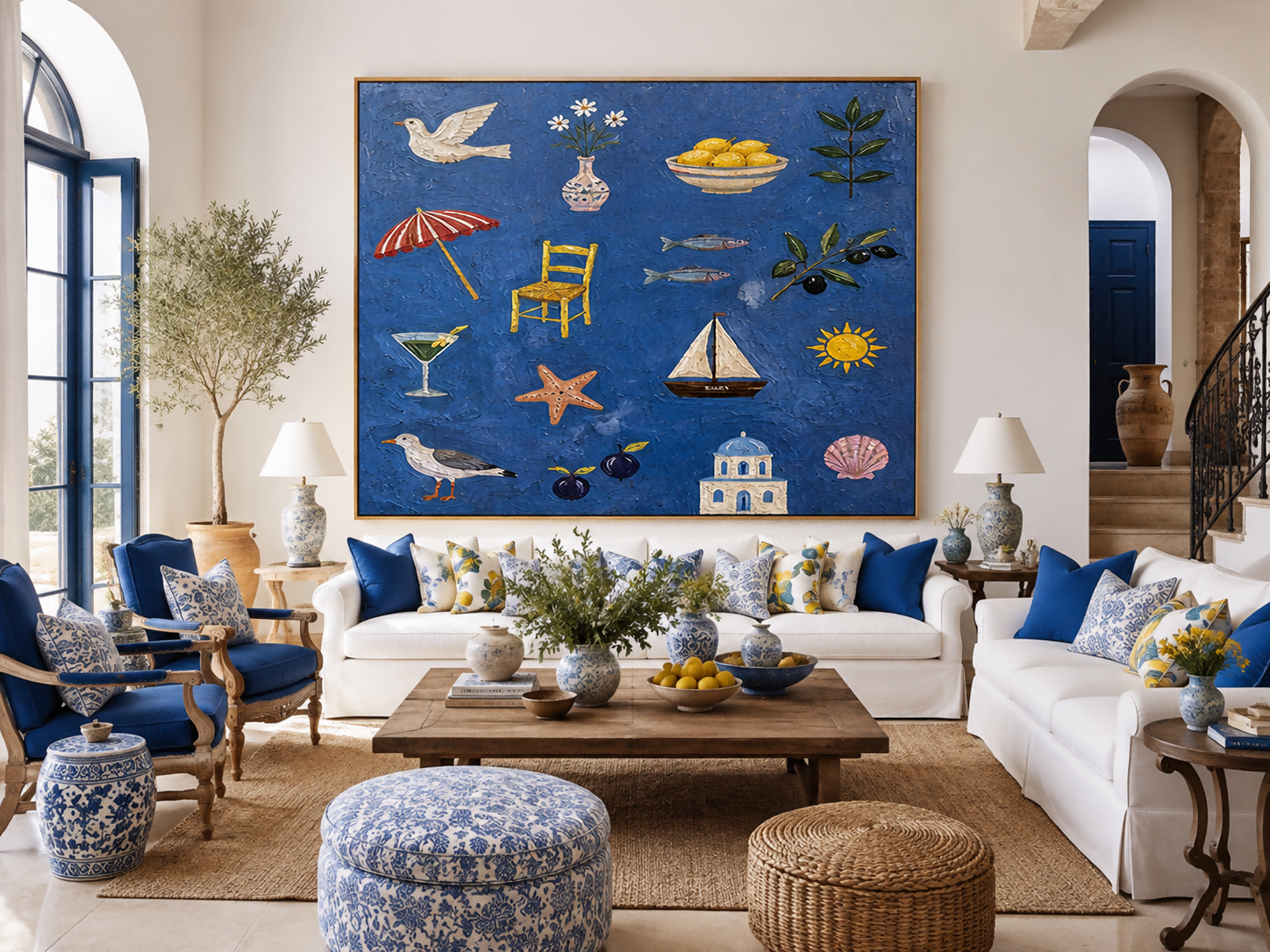 Mediterranean Folk Art Painting With Sea And Lemons For Coastal Home Decor