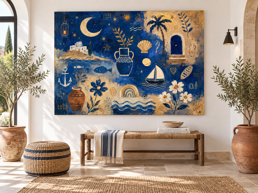 Abstract Modern Vintage Style Painting With Geometric Sea Motifs