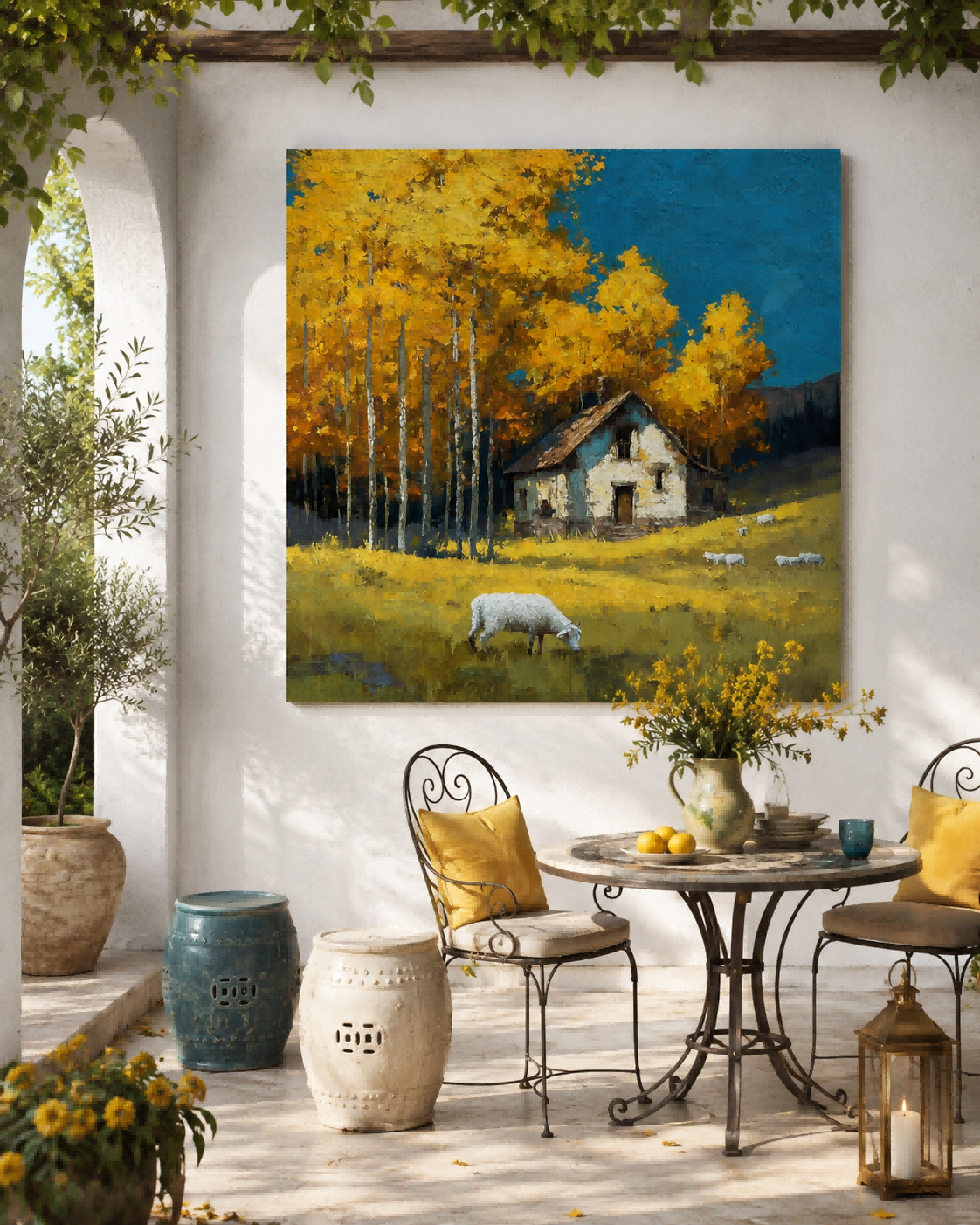 Golden Autumn Farmhouse Painting With Sheep In Field For Living Room Wall Decor