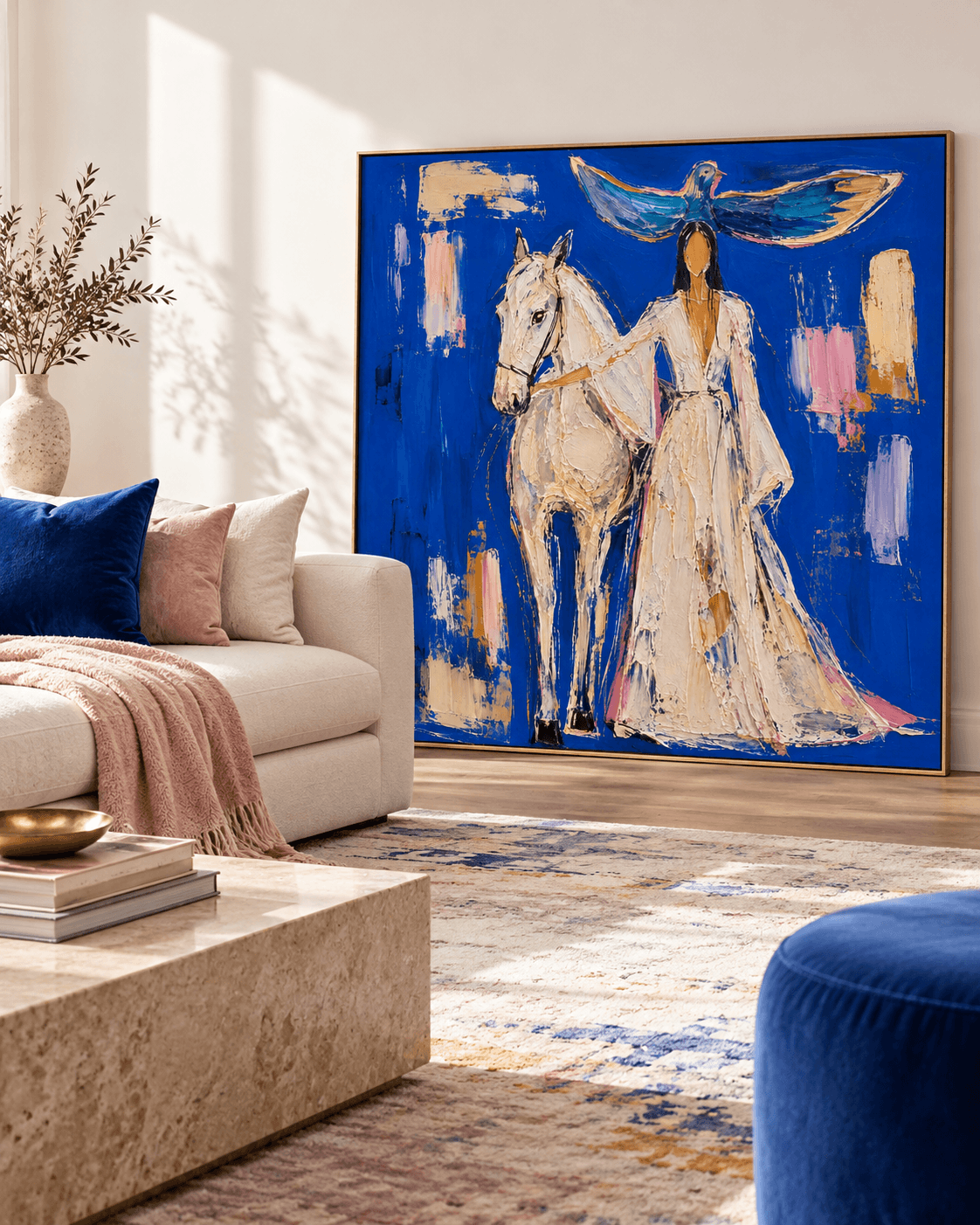 Woman With White Horse And Dove Abstract Canvas Painting In Klein Blue