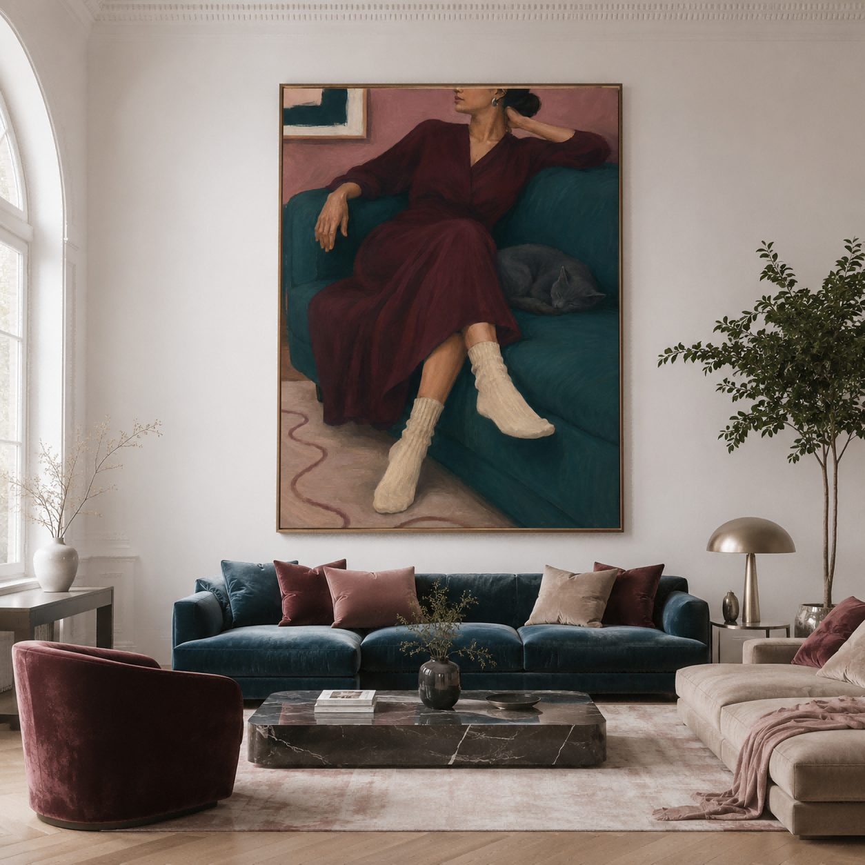 Elegant Living Room Wall Art With Woman And Sleeping Cat In Warm Tones