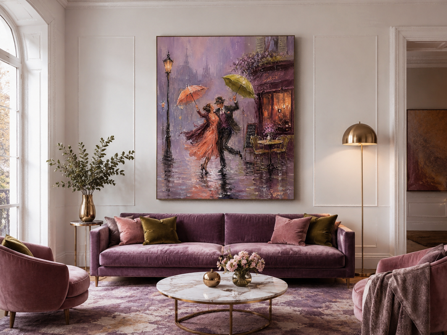 Romantic Impressionist Oil Painting Of Couple Dancing In Rain With Umbrellas For Living Room Decor