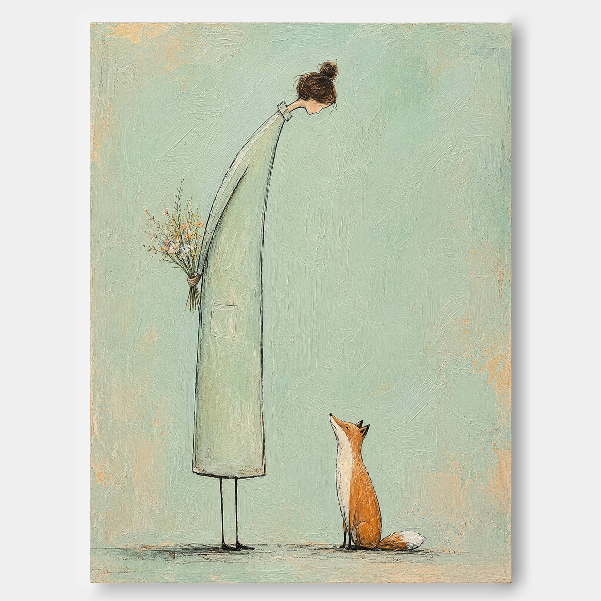 Naive Art Painting Of Woman And Fox With Flowers In Modern Minimalist Style For Living Room Decor