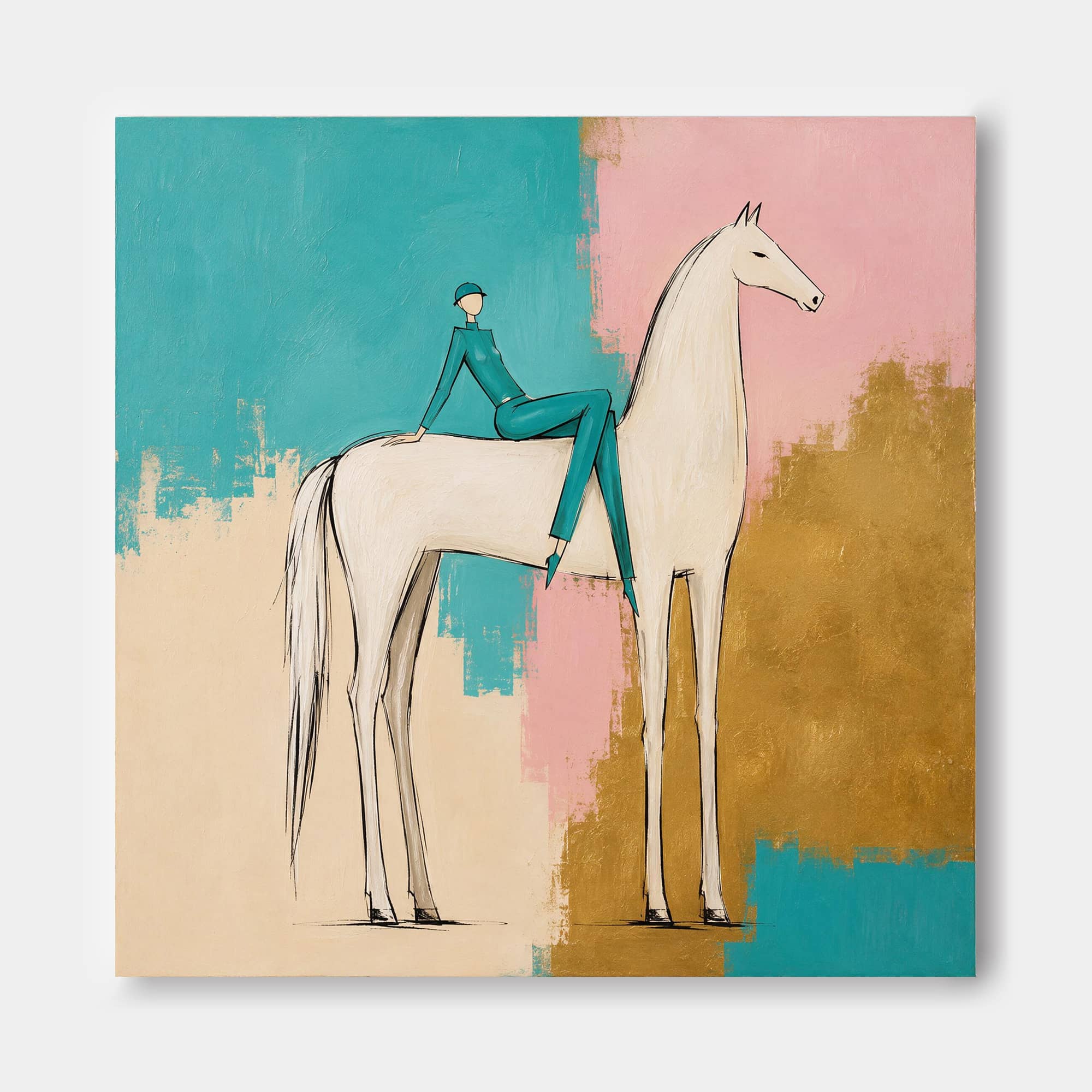 Abstract Equestrian Canvas Painting In Modern Pop Style With Vibrant Color Blocks