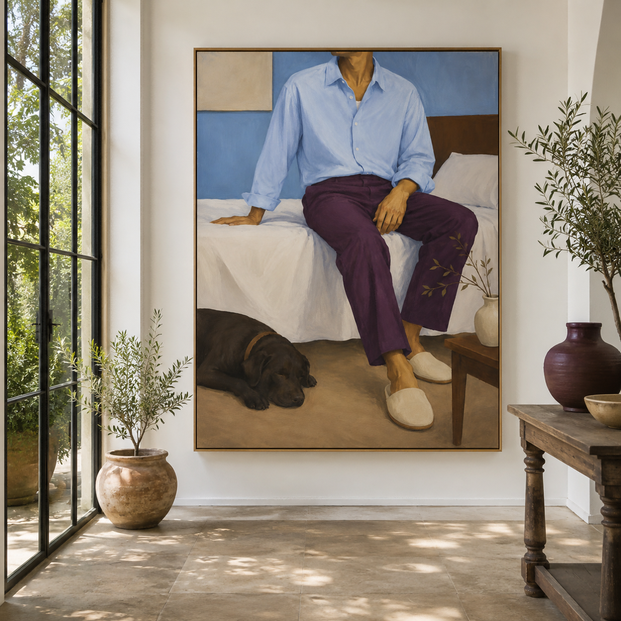 Modern Realist Oil Painting Of Casual Life And Companionship Cozy Bedroom Wall Art With Man And Pet Dog In Blue Tones
