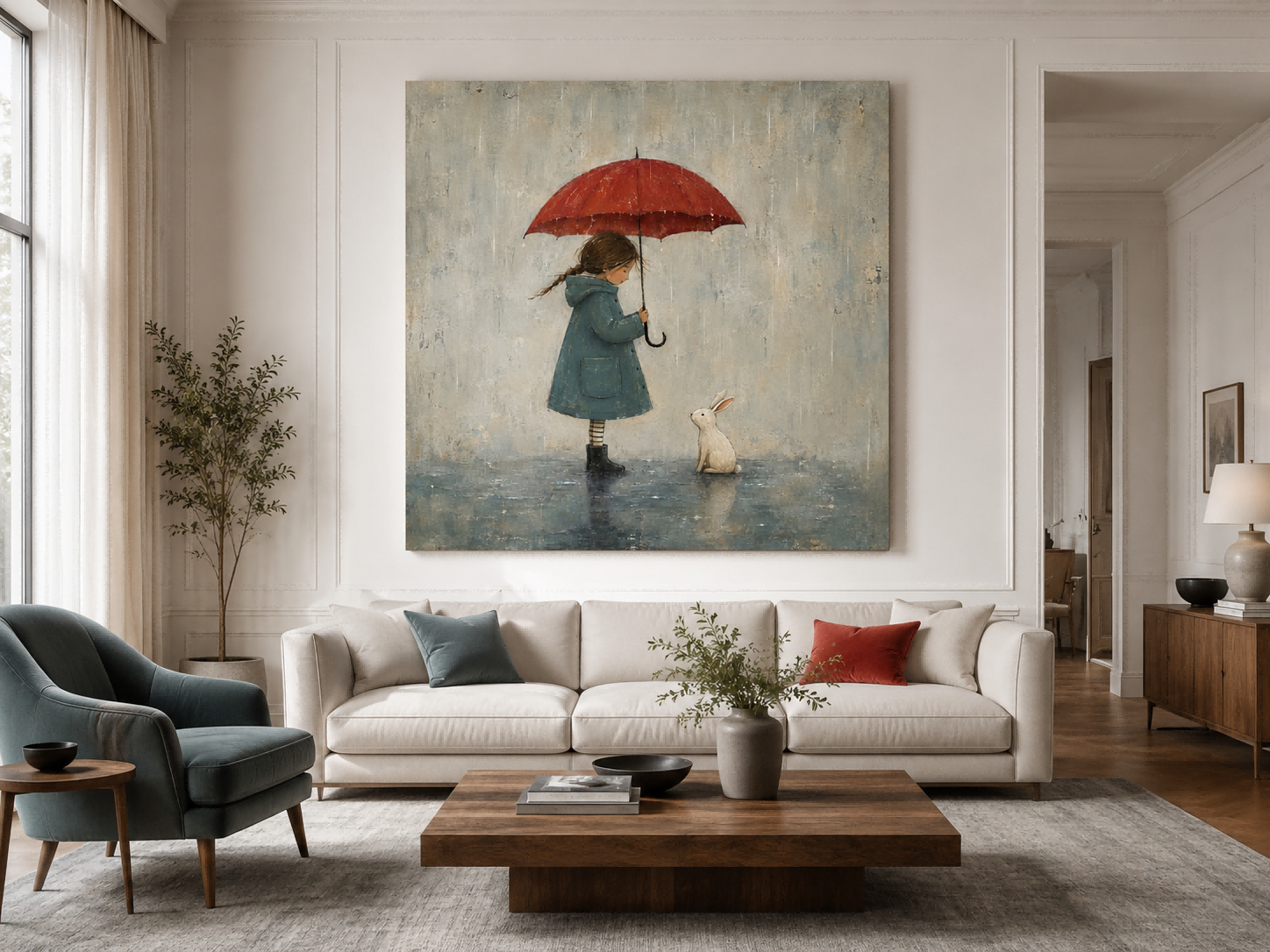 Original Hand Painted Girl And Bunny In Rain Square Artwork For Modern Interior Design