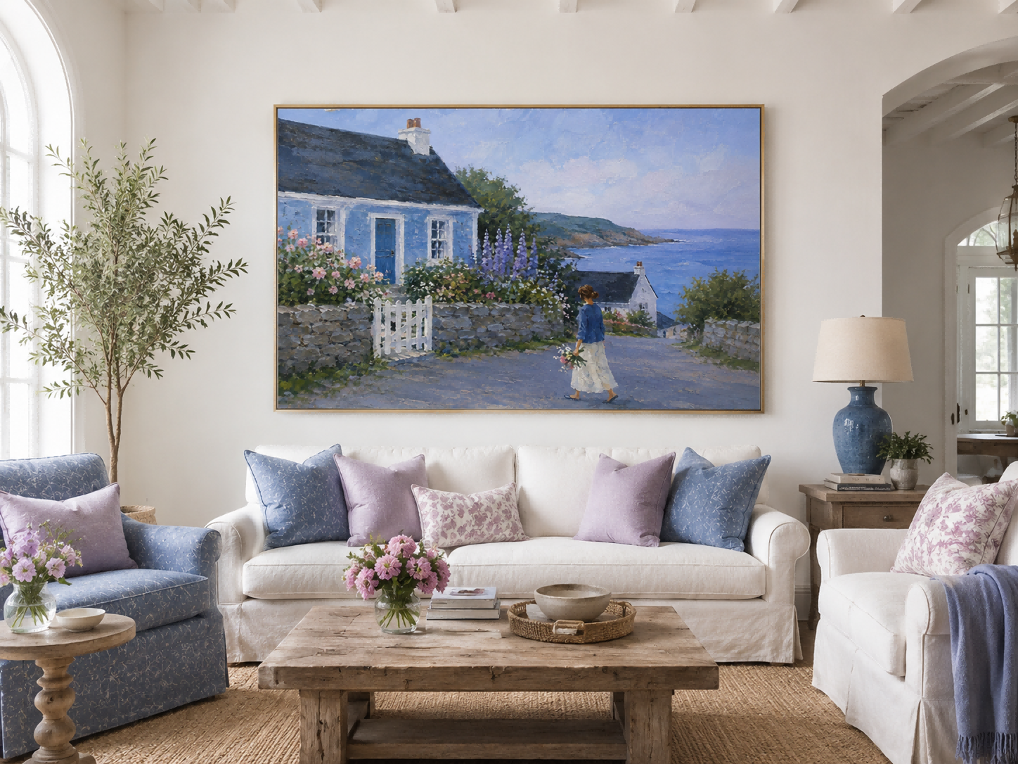 Seaside Landscape Wall Art For Living Room Blue House Painting