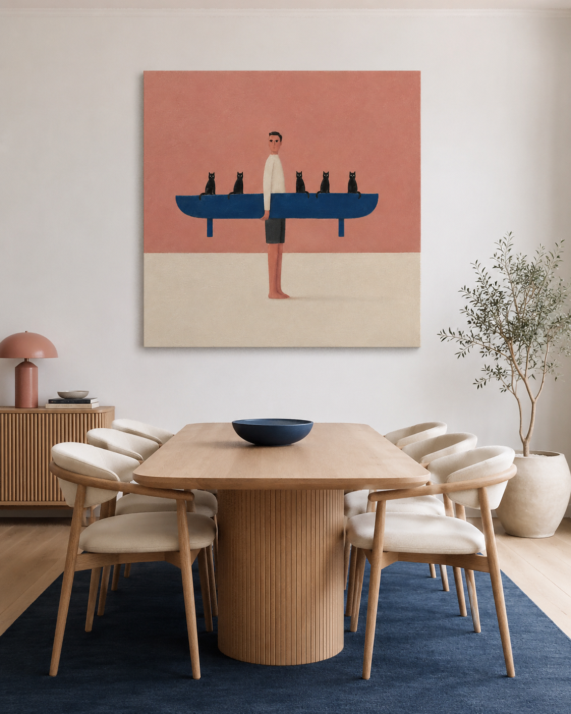 Man With Surfboard And Cats Abstract Canvas Painting In Pink And Blue Playful Pink And Blue Wall Art For Modern Living Room Or Bedroom Decor