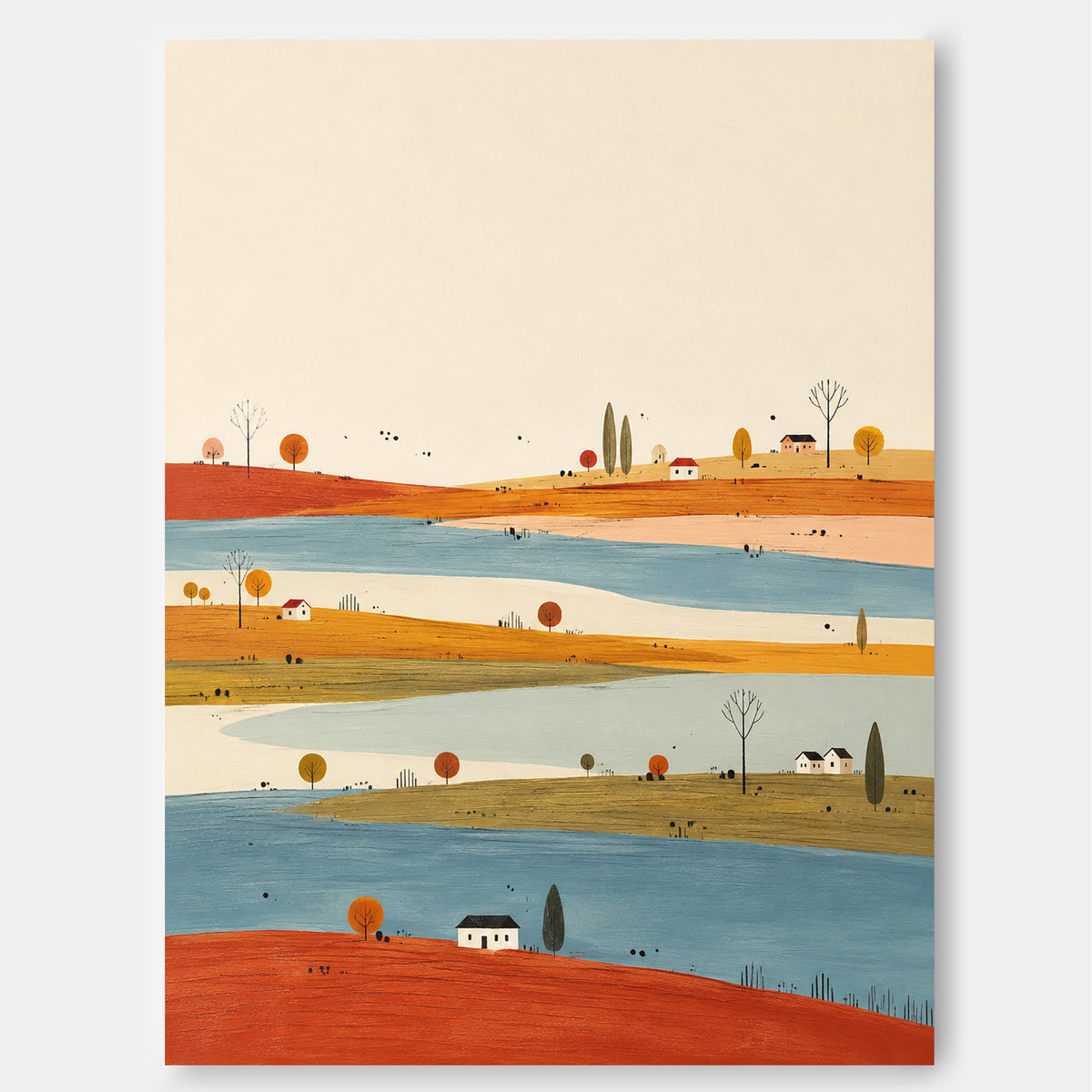Naive Art Style Oil Painting Creamy Beige And Rustic Autumn Landscape Canvas