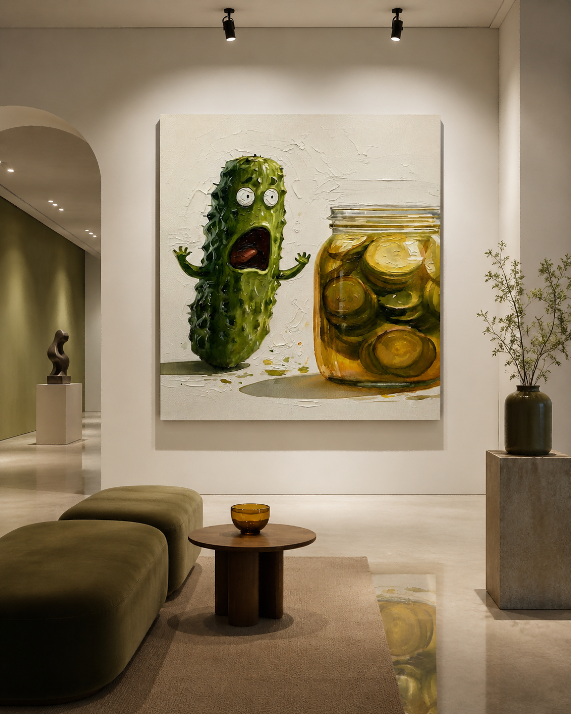 Anthropomorphic Food Art Canvas Print Featuring Scared Cucumber Character