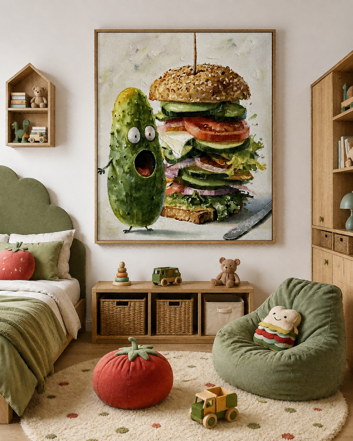 Whimsical Pickle And Sandwich Food Art For Modern Kitchen Wall Decor