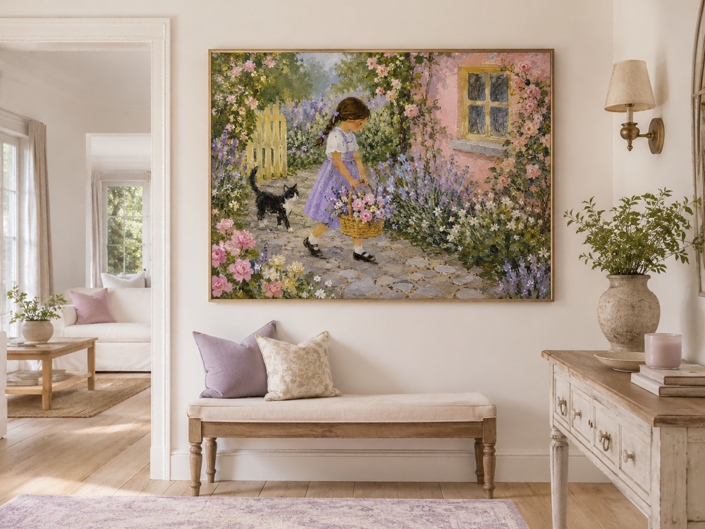 Romantic Impressionist Style Oil Painting Of A Flower Garden Hand-Painted Garden Scene With Girl And Cat Canvas Art