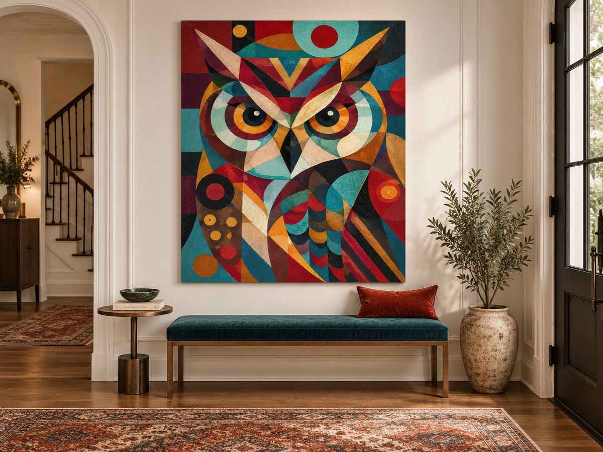 Vintage Cubism Inspired Owl Painting With Textured Geometric Patterns