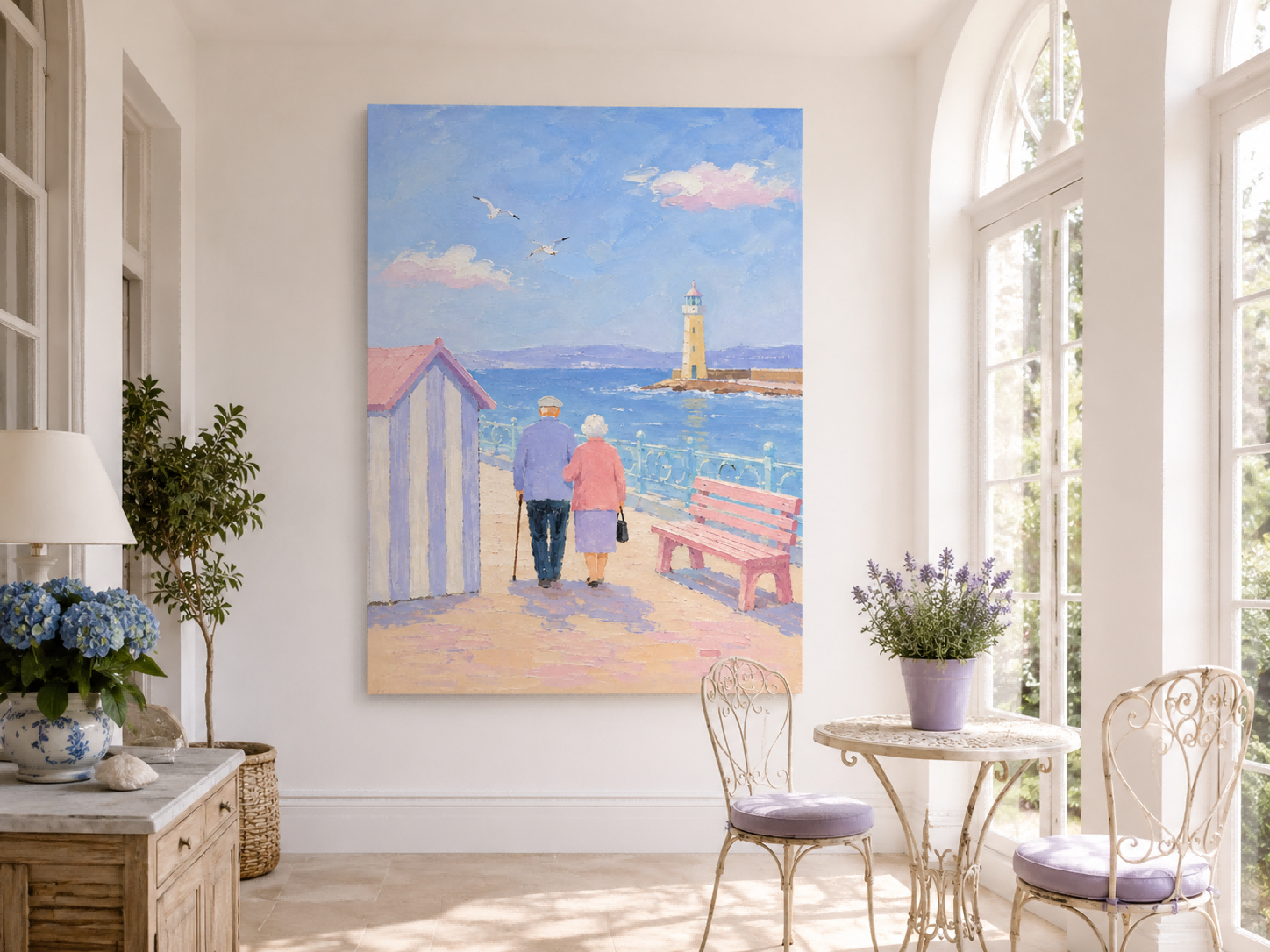 Romantic Impressionist Style Canvas Painting Of Beach Walk With Pastel Tones