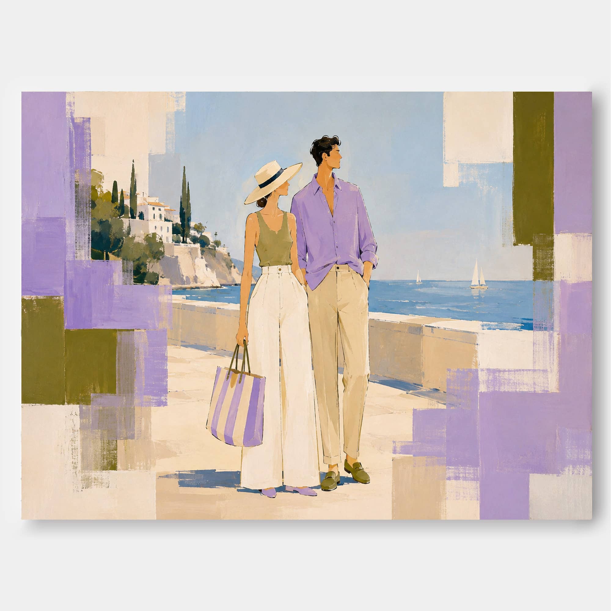 Chic Fashion Illustration Oil Painting Modern Abstract Mediterranean Couple Artwork For Living Room Wall Decor