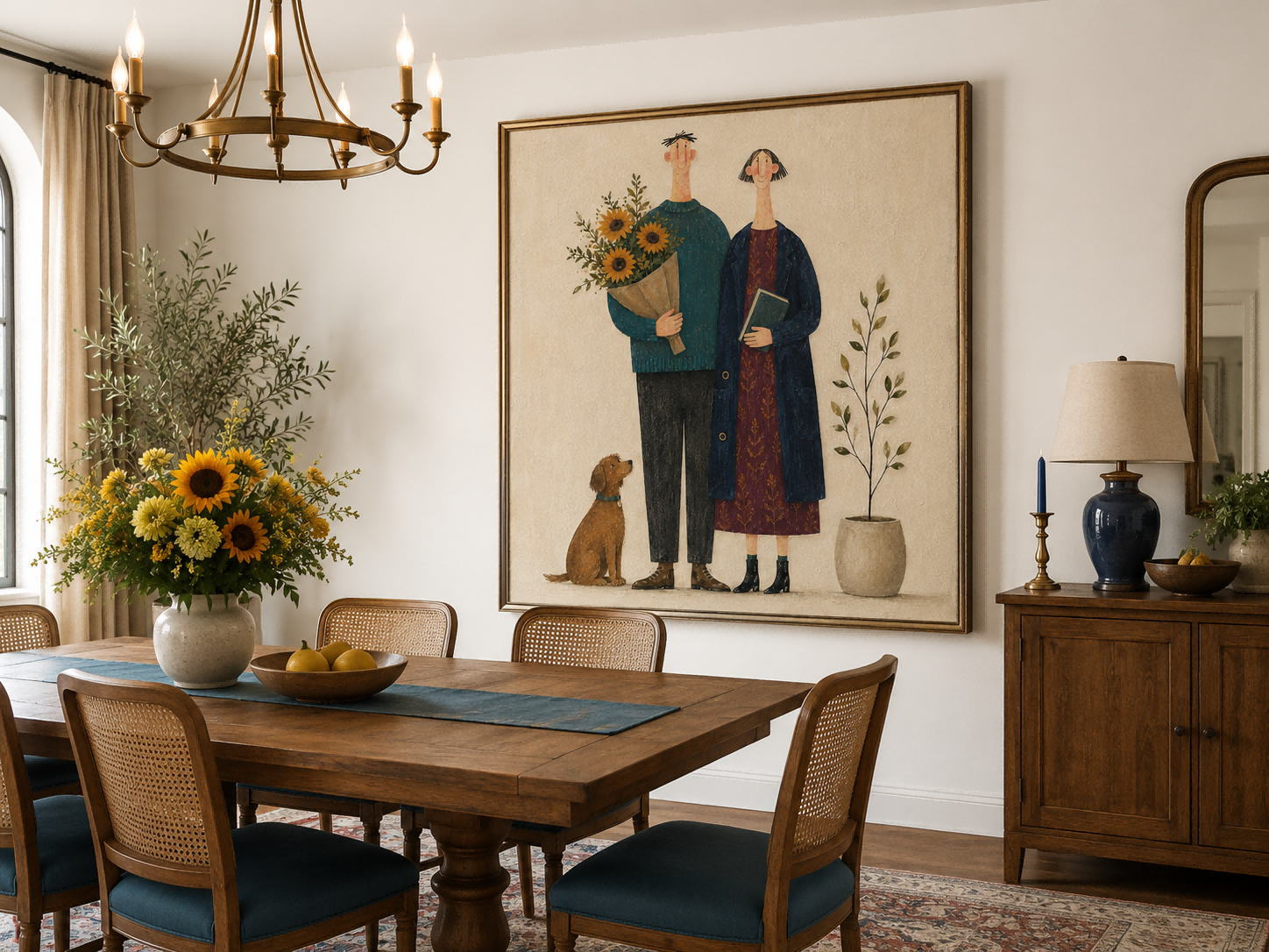 Square Organic Modern Art Featuring Couple And Pet In Earthy Colors Ideal For Bedroom Or Reading Nook Decoration