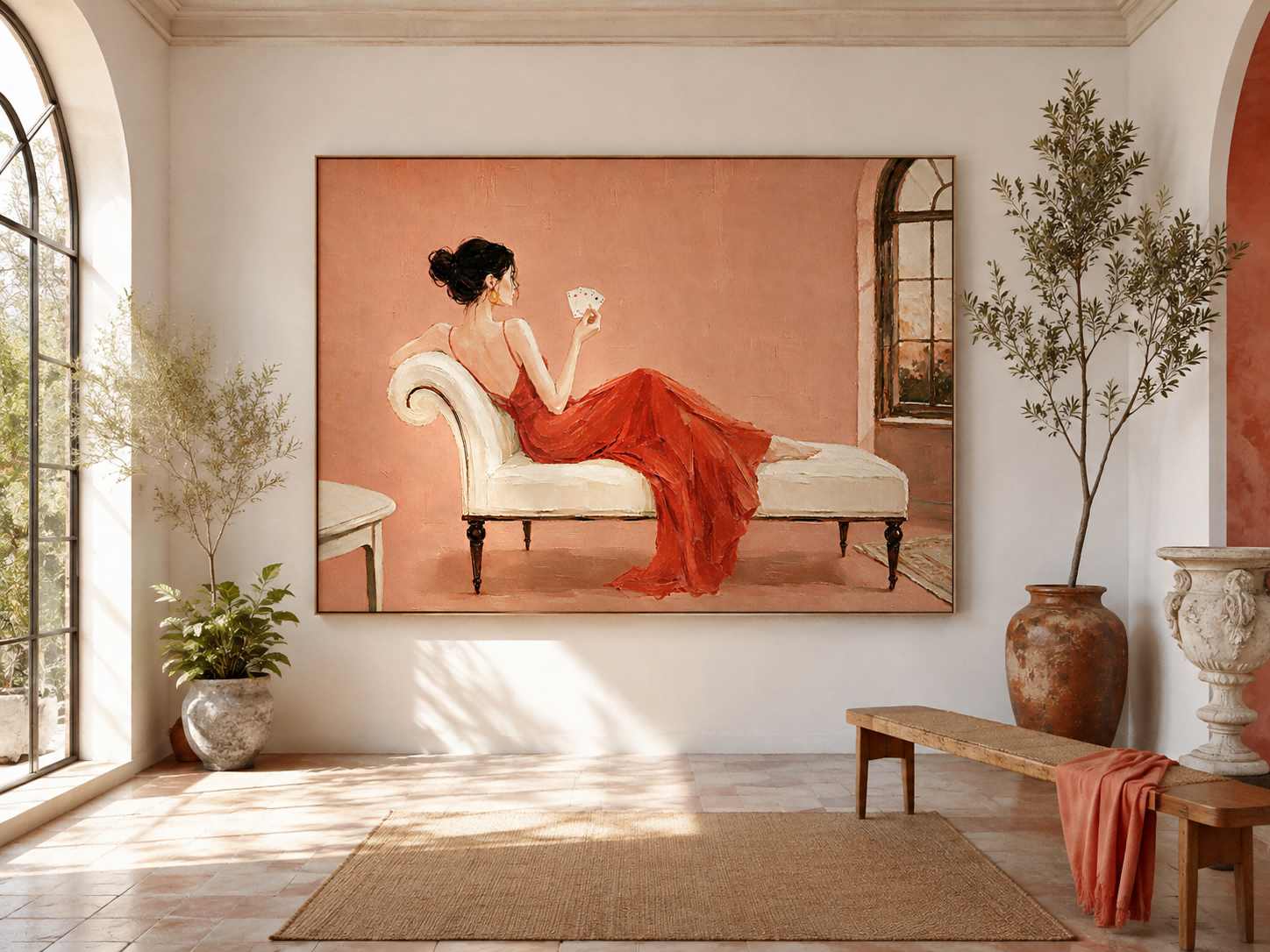 Elegant Woman In Red Dress Oil Painting For Bedroom Wall Art Decor