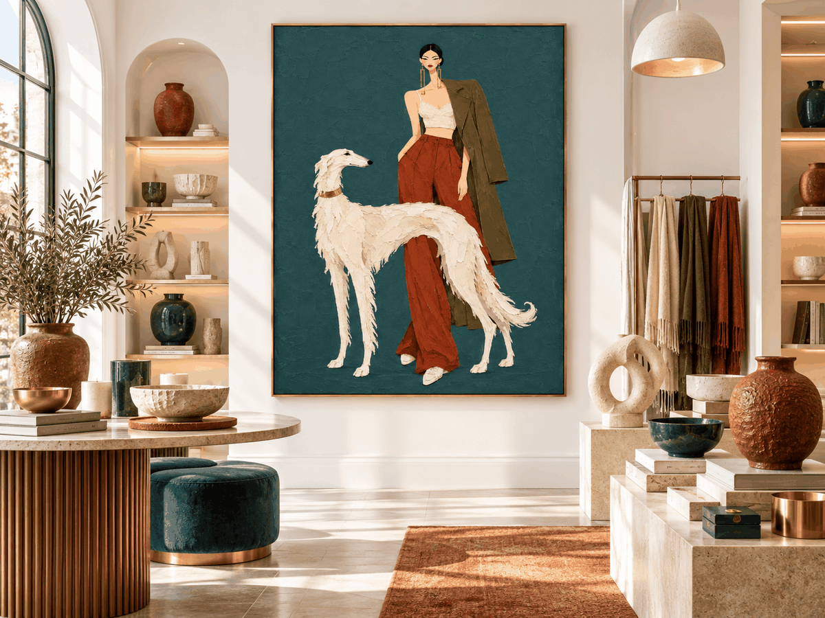 Fashion Woman And White Borzoi Dog Hand-Painted Canvas Art In Rust Red And Teal