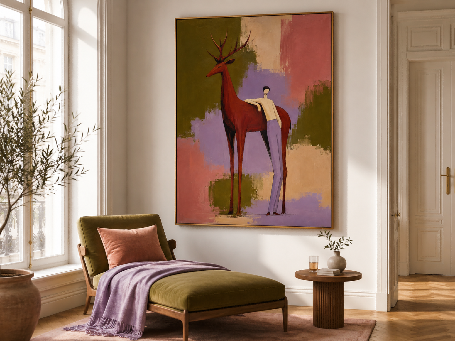 Abstract Man And Red Deer Canvas Painting Hand-Painted Wall Art