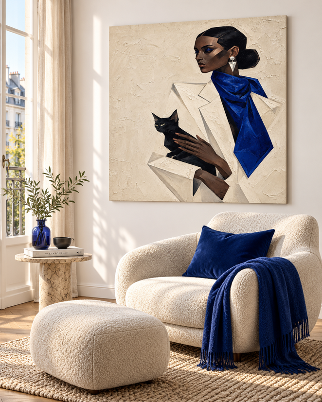 Geometric Woman With Black Cat Hand-Painted Canvas Art In Blue And Beige