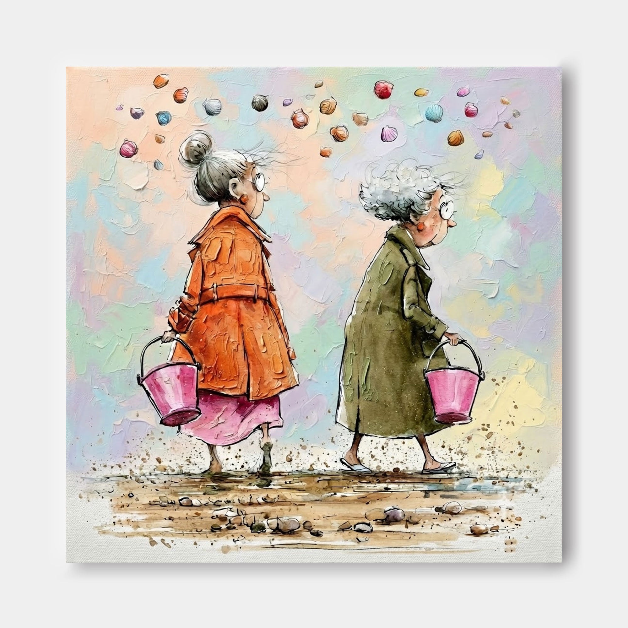 Square Wall Art For Living Room Featuring Whimsical Beach Scene With Two Ladies