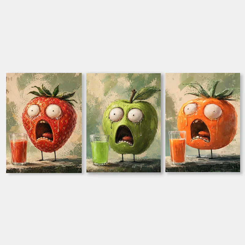 3P Original Oil Painting Of Anthropomorphic Fruits With Expressive Textured Finish