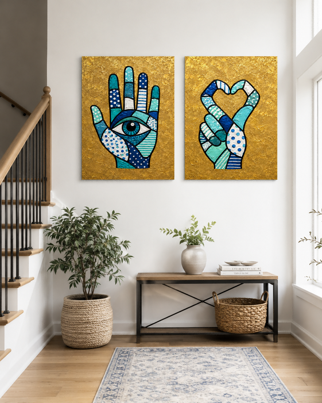 Hand-Painted Hamsa Eye And Heart Canvas Art Set With Gold Background
