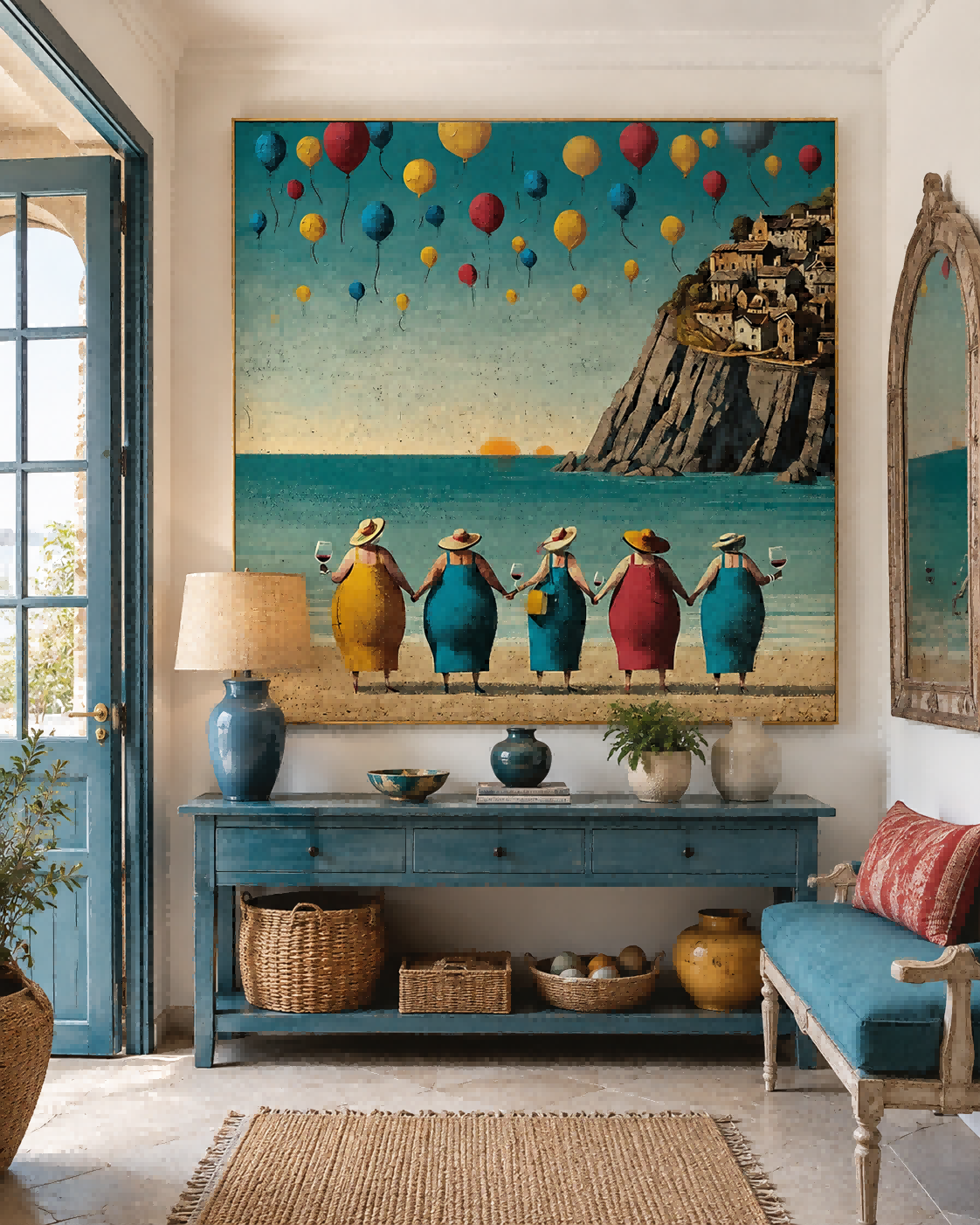 Vibrant Colorful Square Canvas Art Of Coastal Sunset And Friends