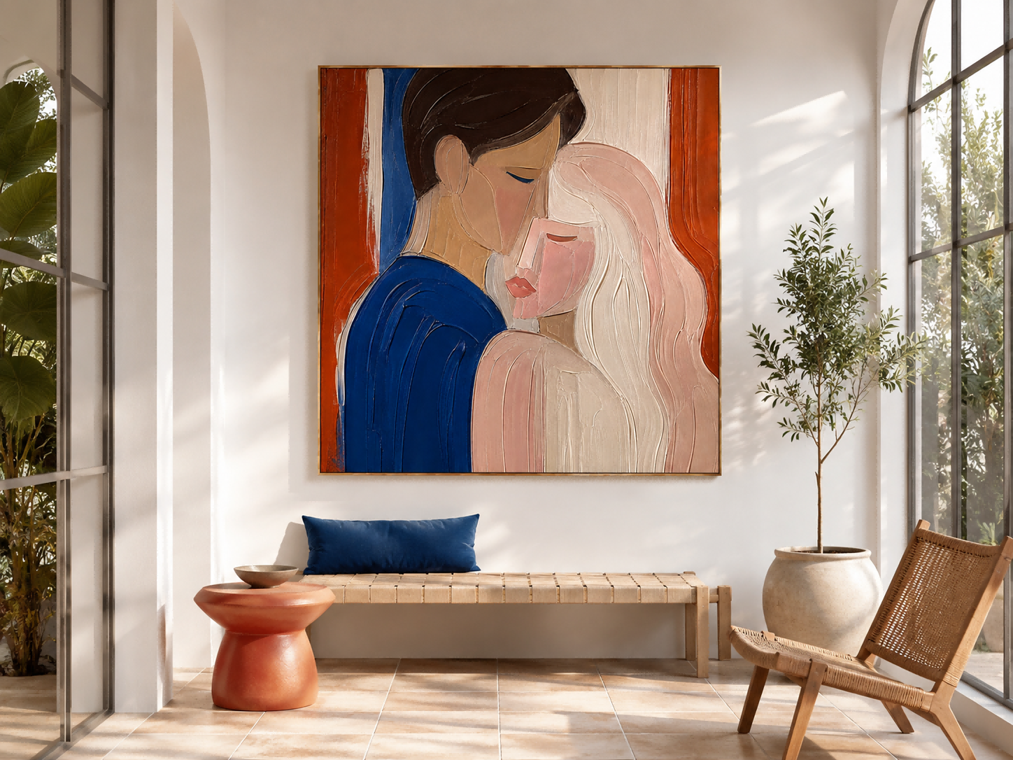 Modern Abstract Couple Painting With Impasto Texture For Romantic Home Decor