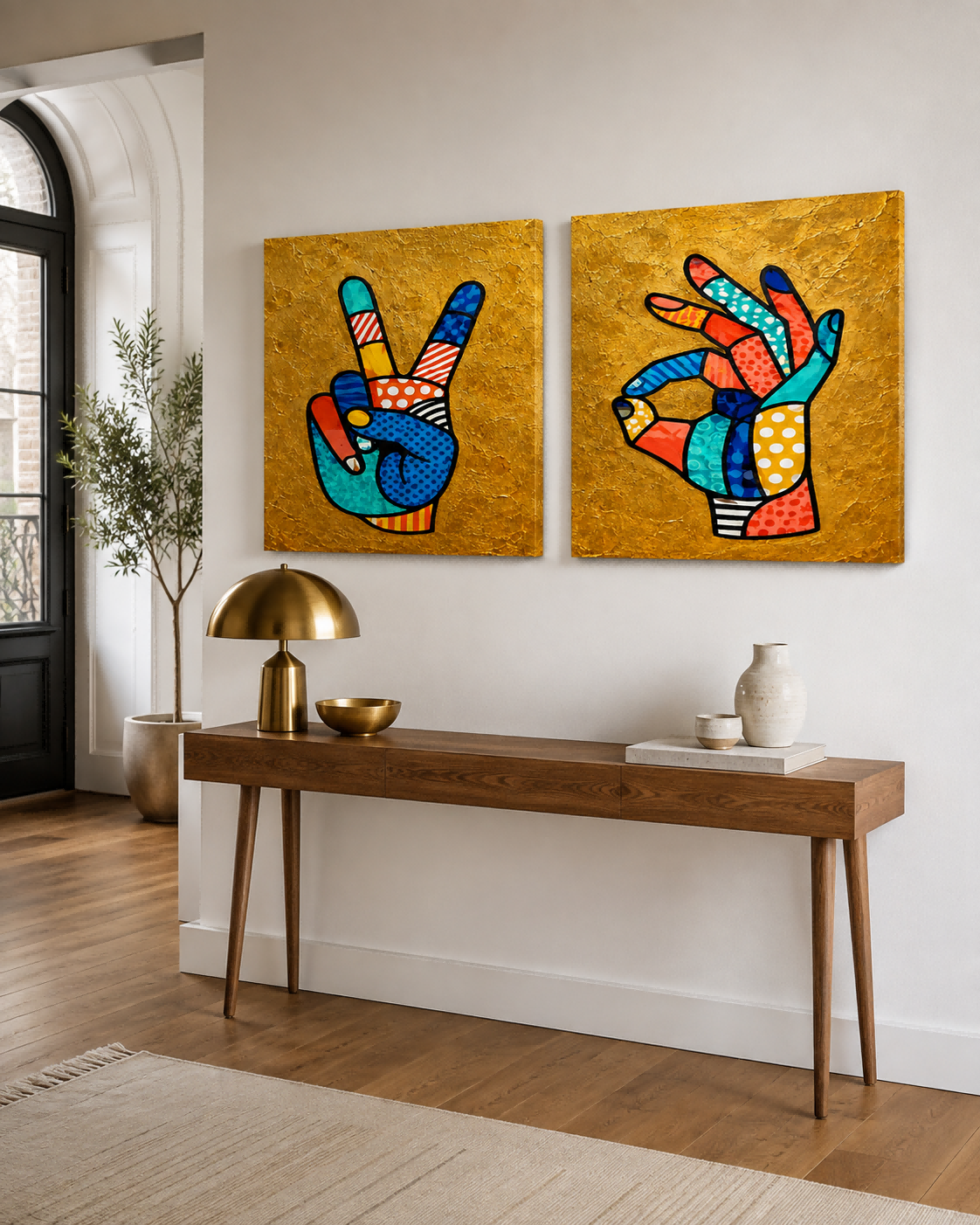 Pop Art Hand Gestures Canvas Painting Set With Gold Background