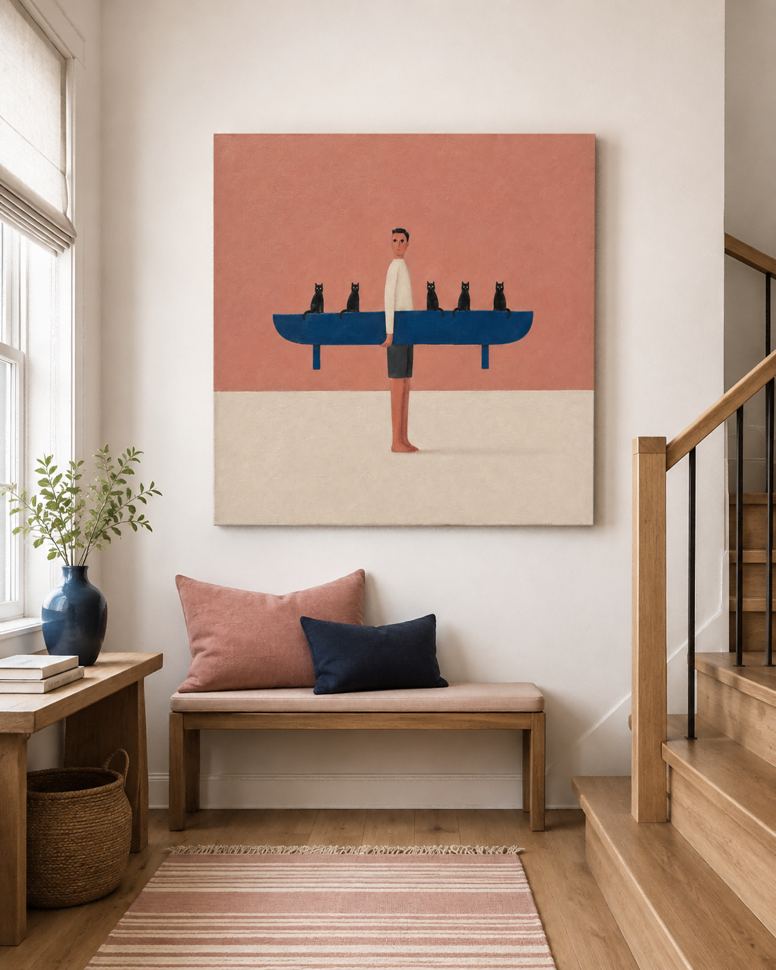Man With Surfboard And Cats Abstract Canvas Painting In Pink And Blue Playful Pink And Blue Wall Art For Modern Living Room Or Bedroom Decor