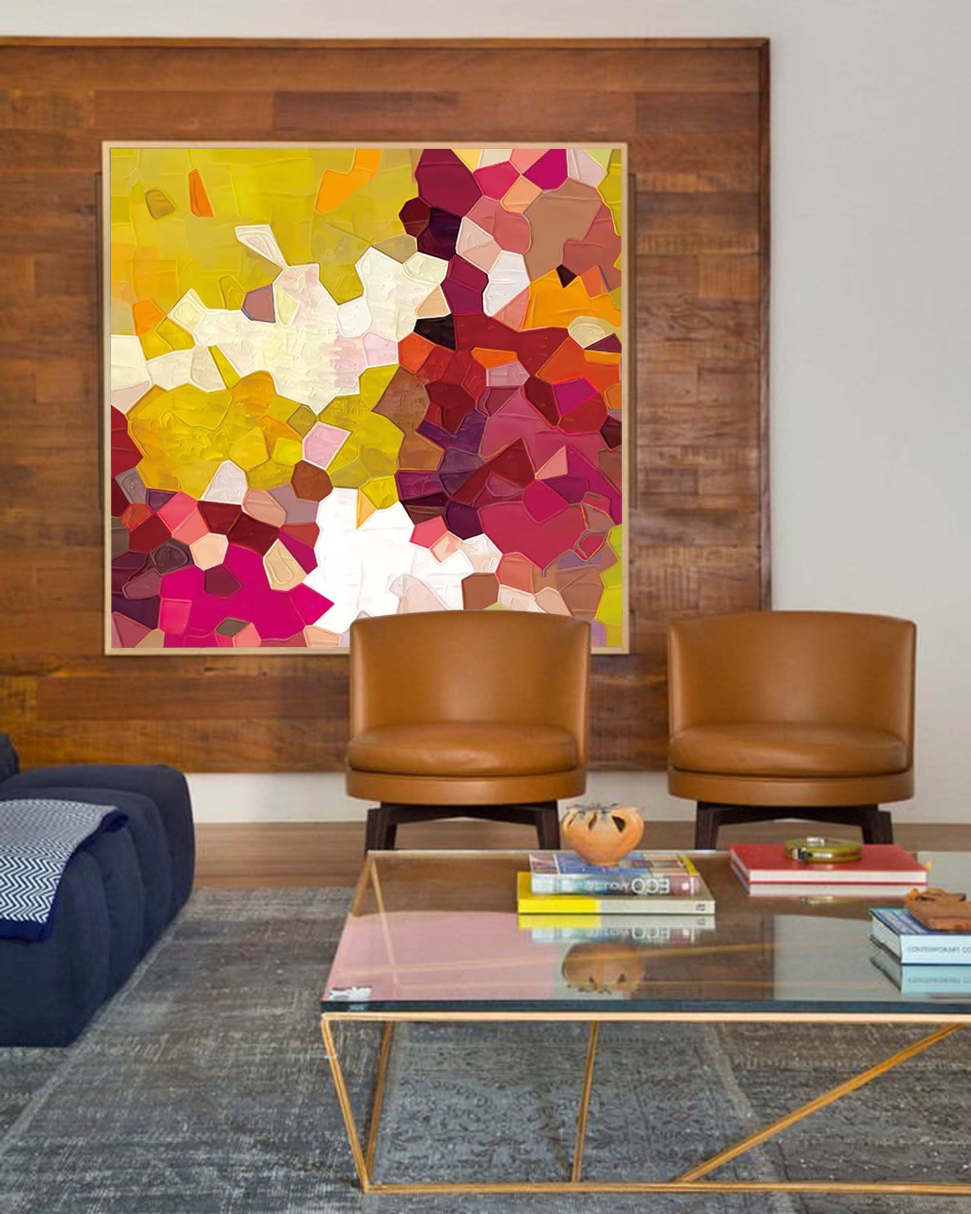 Yellow And Red Abstract Oil Painting On Canvas Modern Wall Art Large Original Blue Acrylic Painting For Living Room