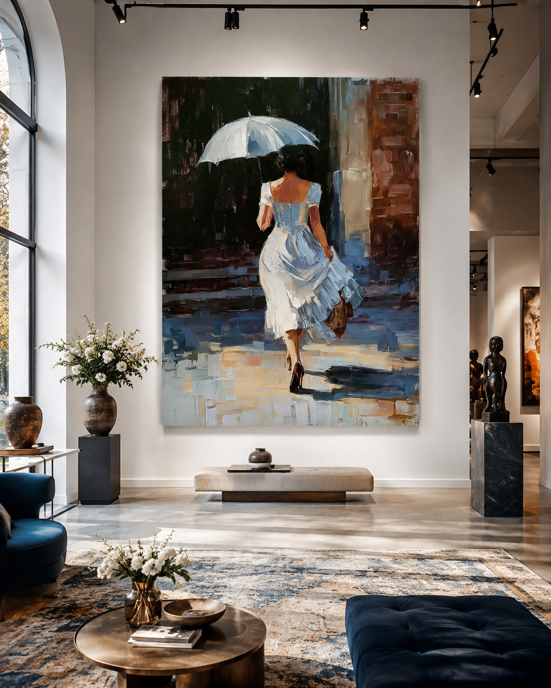 Woman With Umbrella Oil Painting Modern City Street Art For Living Room Decor