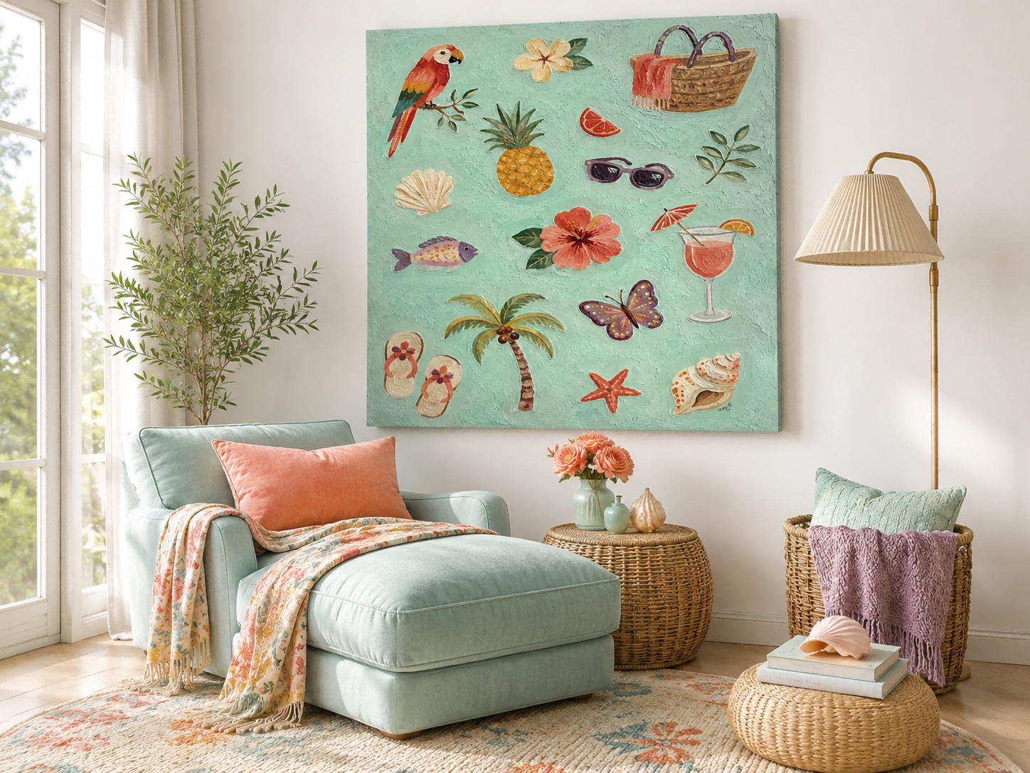 Vibrant Tropical Beach Art With Parrot And Pineapple For Boho Living Room Decor
